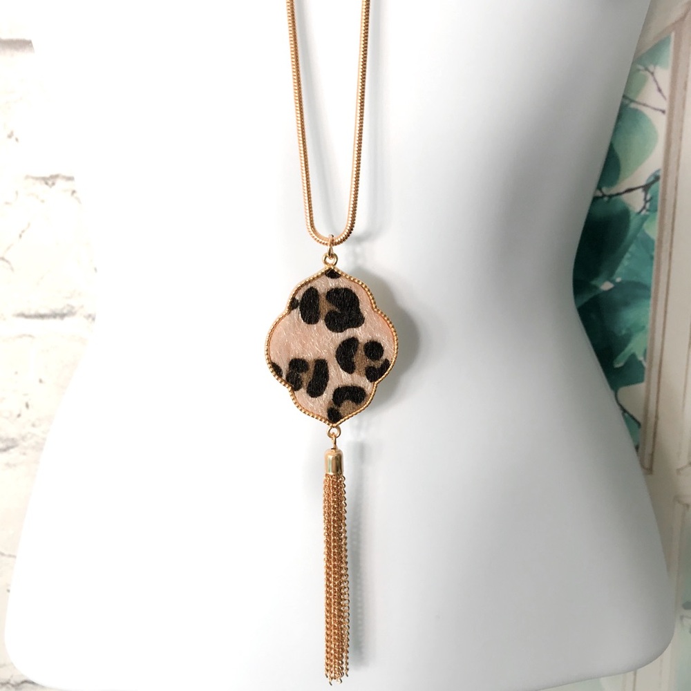 New Faux Fur Leopard Print Tassel Necklace